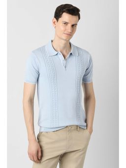 Peter England - Blue Textured Collar Neck Polo T-Shirt