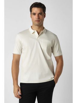 Peter England - Off White Solid Plain Collar Neck Polo T-Shirt