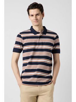 Peter England - Navy Blue Stripes Collar Neck Polo T-Shirt