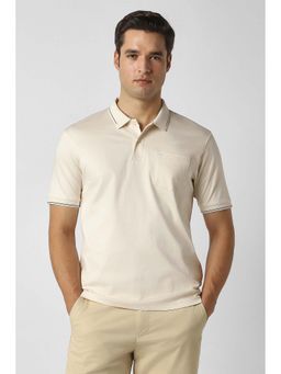 Peter England - Beige Solid Plain Collar Neck Polo T-Shirt