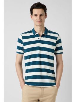 Peter England - Navy Blue Stripes Collar Neck Polo T-Shirt