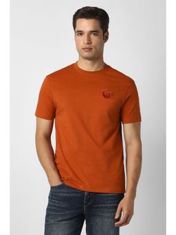 Peter England - Orange Solid Plain Crew Neck T-Shirt