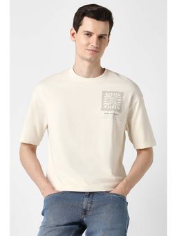 Peter England - Beige Solid Plain Crew Neck T-Shirt