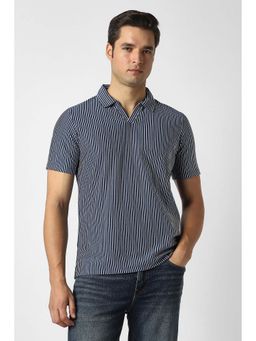 Peter England - Navy Blue Stripes Collar Neck Polo T-Shirt