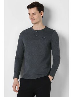 Peter England - Grey Solid Plain Henley Neck T-Shirt