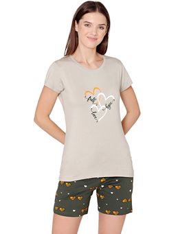 Bodycare - Womens Modal Printed Night Suit Of T-Shirt & Shorts -BSSS17507 Beige (Set of 2)