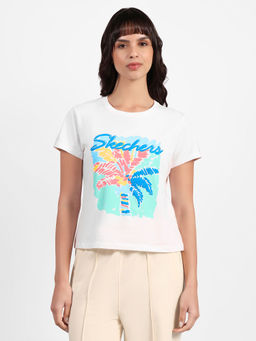 SKECHERS - Women White Cotton Blend Round Neck T-Shirt
