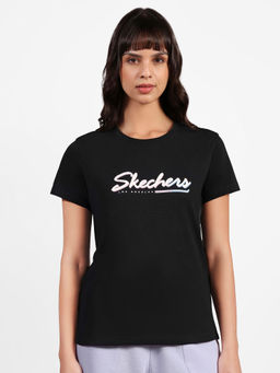 SKECHERS - Women Black Cotton Round Neck T-Shirt