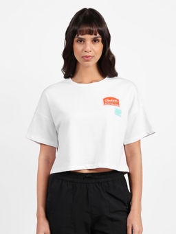 SKECHERS - Women White Cotton Blend Round Neck T-Shirt