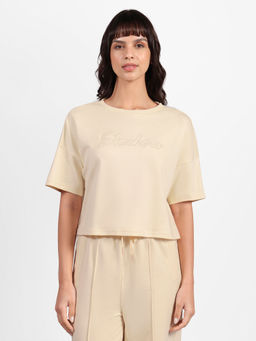 SKECHERS - Women Beige Cotton Round Neck T-Shirt