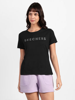 SKECHERS - Women Black Cotton Blend Round Neck T-Shirt