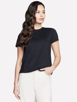 SKECHERS - Women Black Cotton Blend Round Neck T-Shirt
