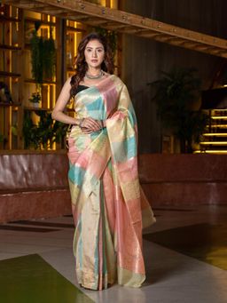 Beatitude - Multi-Coloured Yellow Ethnic Motifs Organza Saree with Unstitched Blouse