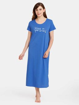 Zivame - Rosaline Dream Land Knit Cotton Mid Length Nightdress - Beaucoup Blue