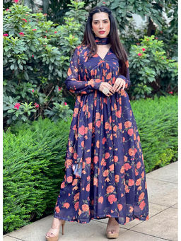 Noorani by LA - Indigo Floral Printed Anarkali (Set of 3)