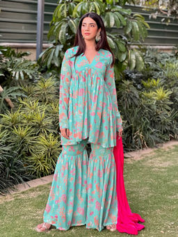 Noorani by LA - Aqua Floral Printed Short Kurta-gharara (Set of 3)