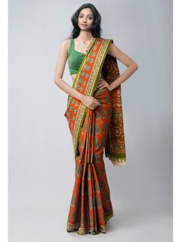 Unnati Silks - Orange Pure Block Printed Superfine Krisha Cotton Saree with Unstitched Blouse