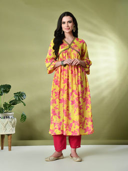 MYSHKA - Women Chinon Printed Alia-Cut Kurta in Yellow Colour