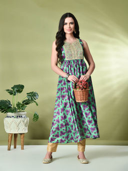 MYSHKA - Women Chinon Embroidered Flared Kurta in Green Colour