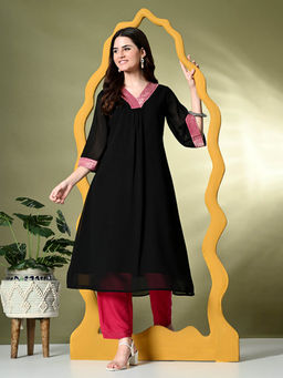 MYSHKA - Women Georgette Solid A-Line Kurta in Black Colour