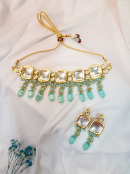 Niscka - Blue Kundan Polki Choker Necklace Set with Earrings
