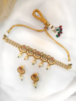 Niscka - 24K Gold Plated Traditional White Pearl Choker Necklace Set