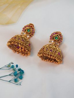 Niscka - 24K Gold Plated Pink Stone Jhumka in Matte Finish