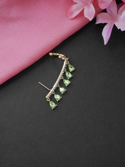 Green Crystal Rhinestone Gold Toned Ear Cuff