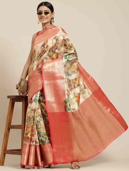 Silk Land - Digital Printed Silk Saree with Unstiched Blouse Piece Beige & Red with Unstitched