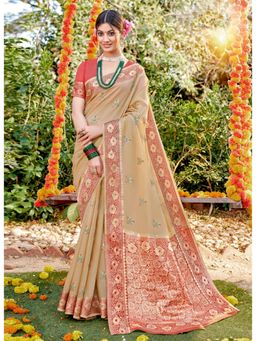 Sangam Prints - Beige Cotton Woven Work Traditional Saree with Unstitched Blouse