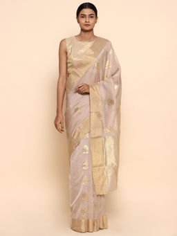 CHOWDHRAIN - Beige Garlands Chanderi Saree with Unstitched Blouse Piece