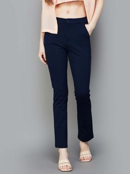 Xpose - Women Navy Comfort Straight Slim Fit High-Rise Trouser