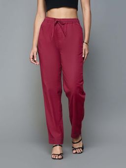 Xpose - Women Berry Pink Straight Fit Cotton Linen Trouser