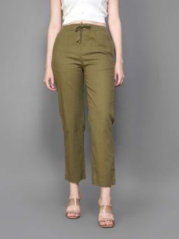 Xpose - Women Olive Straight Fit Cotton Linen Trouser