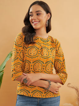 InWeave - Haldi Yellow Mughal Kalamkari Top