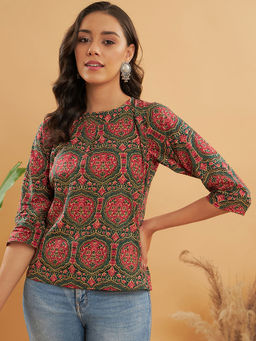 InWeave - Green Red Mughal Kalamkari Top