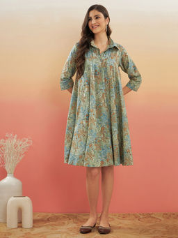 InWeave - Dull Green Leaf Floral Print Flared Dress