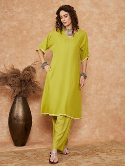 InWeave - Pear Green Solid Lace Work Kimono Sleeve Kurta and Pant (Set of 2)