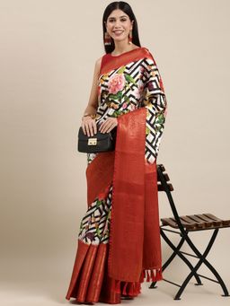 Vastranand - Off White & Black Floral Print Banarasi Saree with Unstitched Blouse