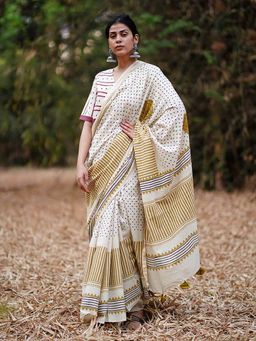 Chidiyaa - Whistling Woods Surmayi Shaam White Hand Block Printed Saree with Unstitched Blouse