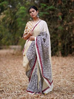 Chidiyaa - Whistling Badal Pe Paon White Block Printed Cotton Saree with Unstitched Blouse