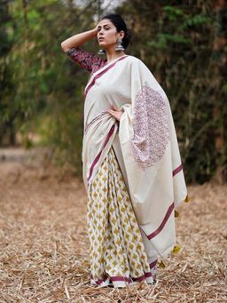 Chidiyaa - Whistling Dil-Navaaz White Block Printed Cotton Saree with Unstitched Blouse