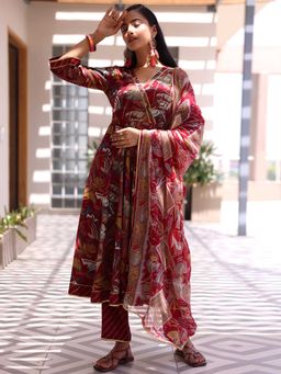 Libas - Maroon Silk Blend Printed Kurta Sets for Women