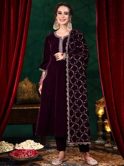 Libas - Burgundy Velvet Yoke Design Kurta Sets for Women