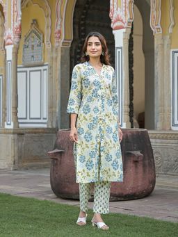 Divena - Green Floral Print Pure Cotton Straight Kurta with Pant (Set of 2)