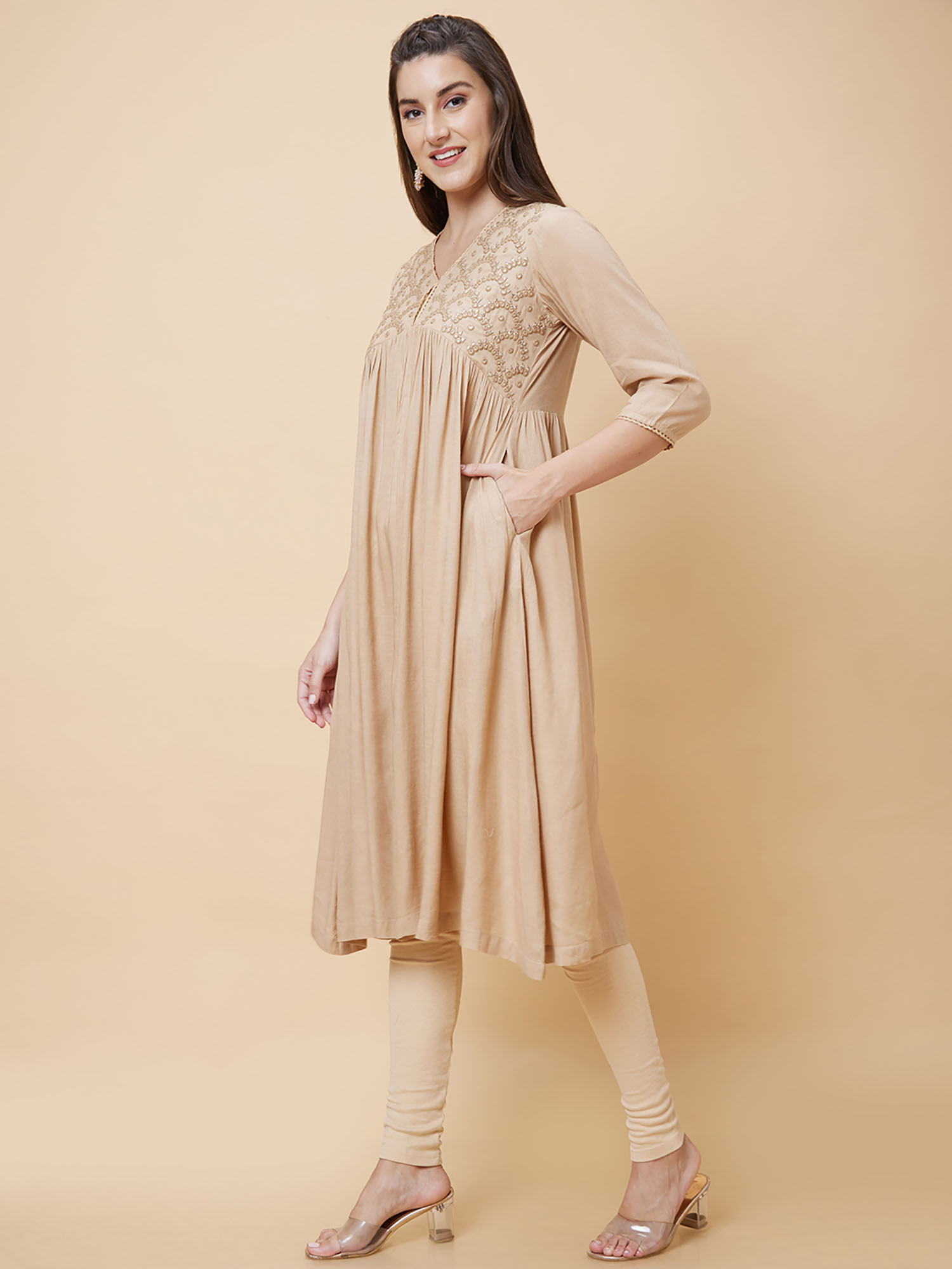 Buy Globus Women Nude Yoke Embroidered V-Neck Fusion A-Line Kurta