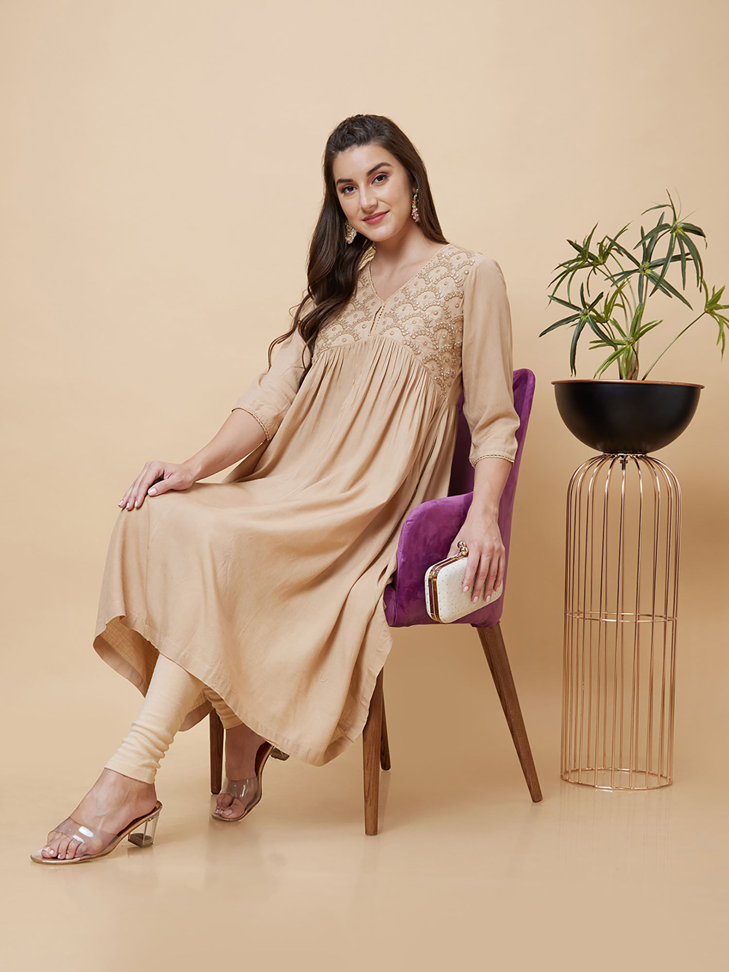 Buy Globus Women Nude Yoke Embroidered V-Neck Fusion A-Line Kurta