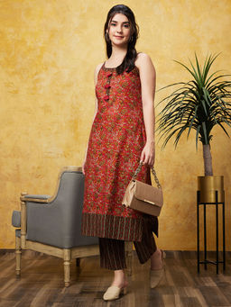 Globus - Women Red Printed Kurta With Trouser (Set of 2)