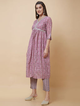 Globus - Women Pink Ethnic Motifs Print A-Line Fusion Kurta With Trouser (Set of 2)