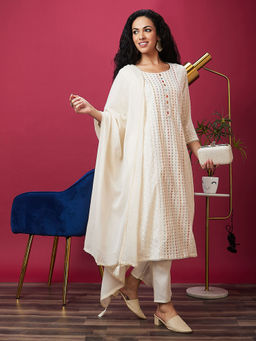 Globus - Women Off-White Woven Design Panelled Festive Kurta with Dupatta (Set of 3)